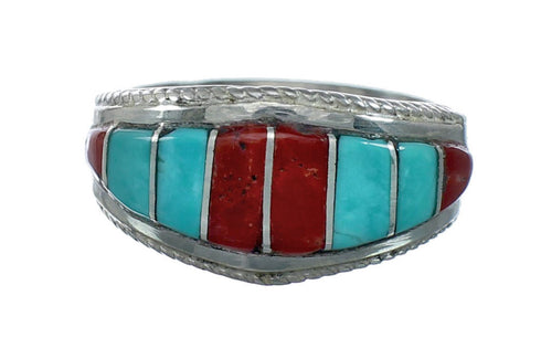 Turquoise and Coral Inlay Native American Sterling Silver Ring Size 8-1/4 NN20587